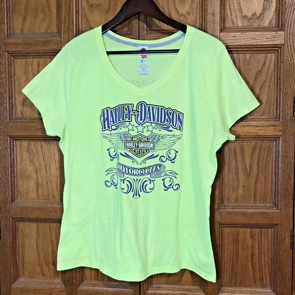 Harley-Davidson T-Shirt Neon Yellow Adult XL Tee Front & Back Graphics Hanes Top - Picture 1 of 10